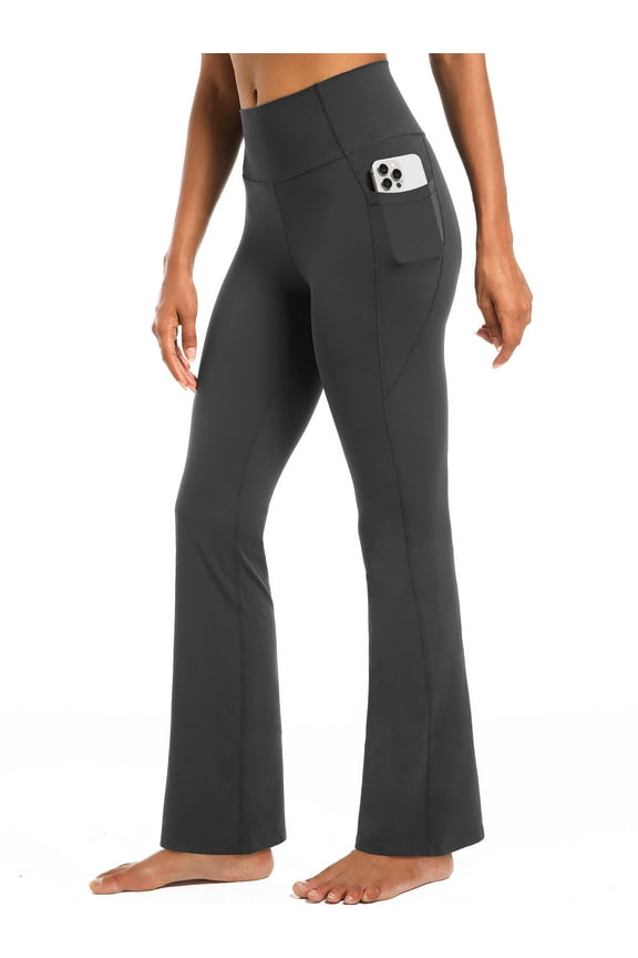 Womens Flare Leggings for Yoga Workout Lycra High Waist Stretch Bootcut Pants with Two Pockets,Gray,US Size 2XL