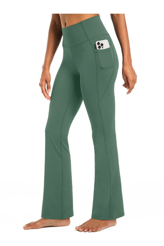 Womens Flare Leggings for Yoga Workout Lycra High Waist Stretch Bootcut Pants with Two Pockets,Lake Green,US Size S