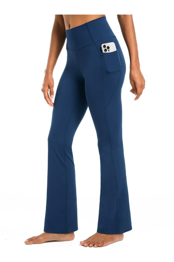Womens Flare Leggings for Yoga Workout Lycra High Waist Stretch Bootcut Pants with Two Pockets,Navy Blue,US Size XL