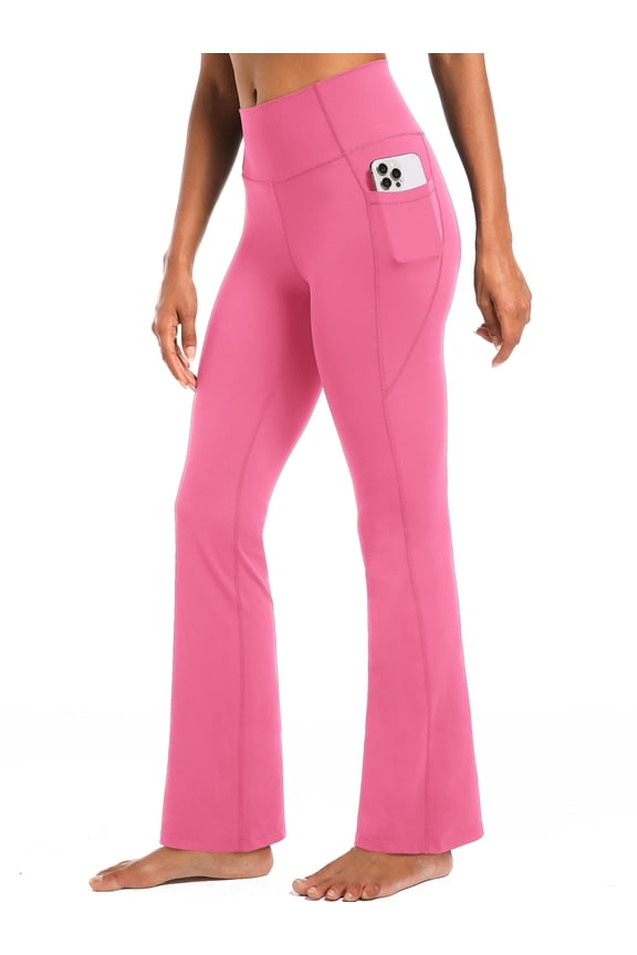 Womens Plus Size Flare Leggings for Yoga Workout High Waist Stretch Bootcut Pants with Two Pockets,Rose Pink,US Size 2XL