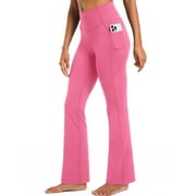 Womens Flare Leggings for Yoga Workout Lycra High Waist Stretch Bootcut Pants with Two Pockets,Rose Pink,US Size L