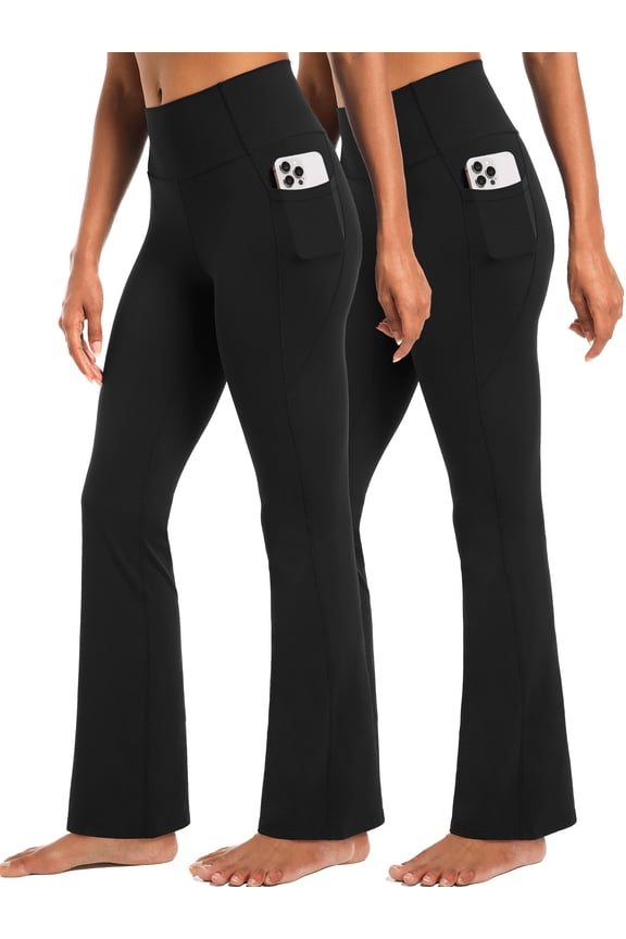 Womens Flare Leggings for Yoga Workout Lycra High Waist Stretch Bootcut Pants with Two Pockets,Black+Black,US Size S