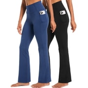 Womens Flare Leggings for Yoga Workout Lycra High Waist Stretch Bootcut Pants with Two Pockets,Black+Navy Blue,US Size M