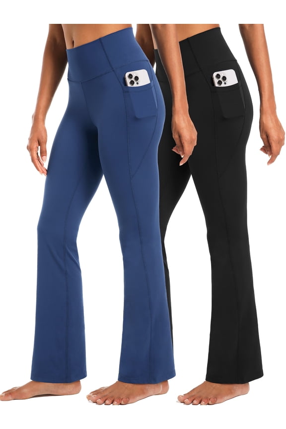 Womens Flare Leggings for Yoga Workout Lycra High Waist Stretch Bootcut Pants with Two Pockets,Black+Navy Blue,US Size M