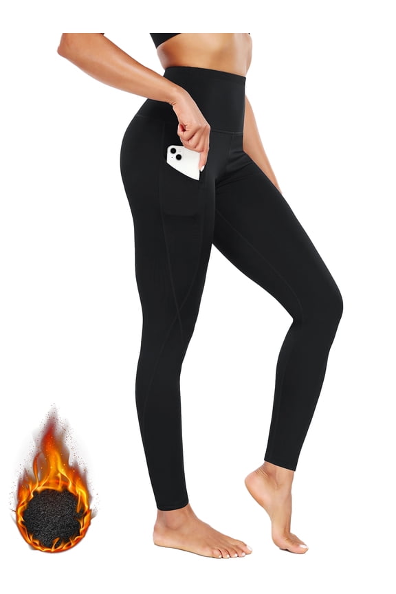 Womens Fleece Lined Leggings for Winter Warm High Waist Tummy Control Athletic Yoga Pants with Pockets,Black,US Size 2XL