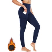 Womens Plus Size Fleece Lined Leggings for Winter Warm High Waist Tummy Control Athletic Yoga Pants with Pockets,Navy Blue,US Size 2XL