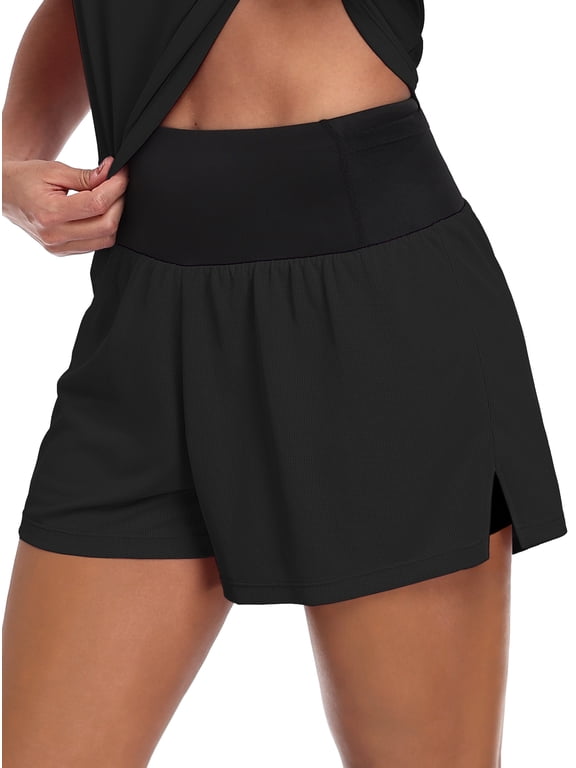 Womens High Waist 2 in 1 Athletic Shorts for Running Workout Activewear Shorts with Multifunction Pockets,Black,US Size XL