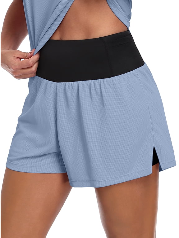 Womens High Waist 2 in 1 Athletic Shorts for Running Workout Activewear Shorts with Multifunction Pockets,Blue,US Size L