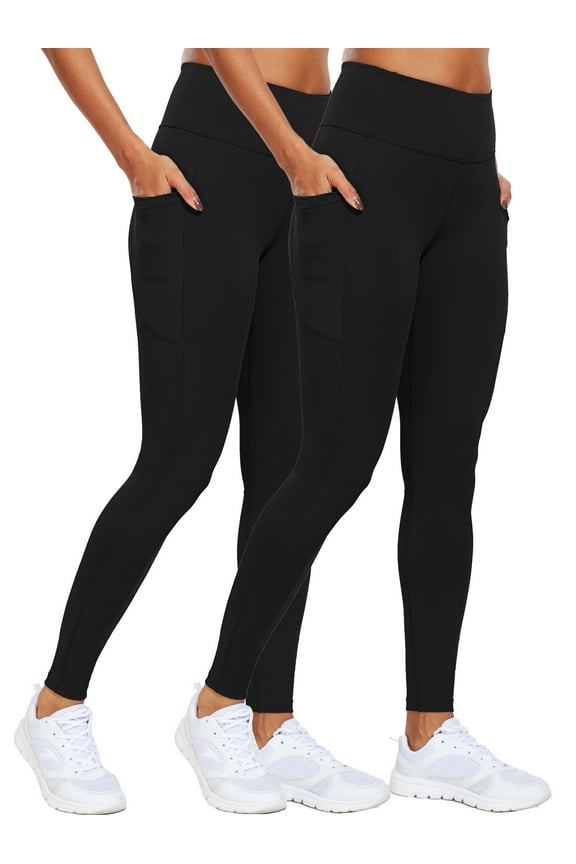Womens High Waist Ankle Yoga Leggings Workout with Two Pockets,Black+Black,US Size 2XL