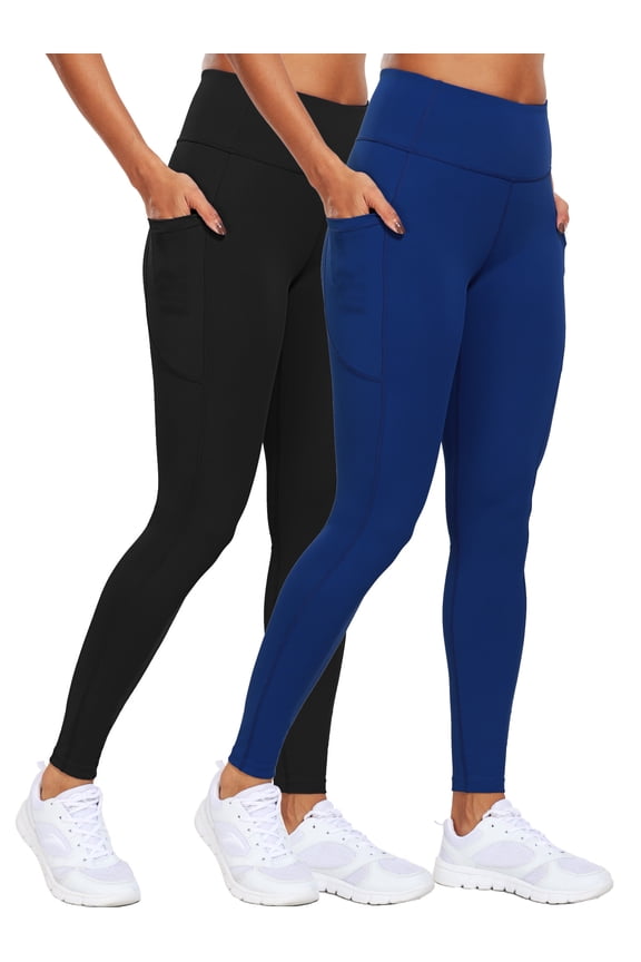 Womens High Waist Ankle Yoga Leggings Workout with Two Pockets,Black+Navy Blue,US Size 3XL