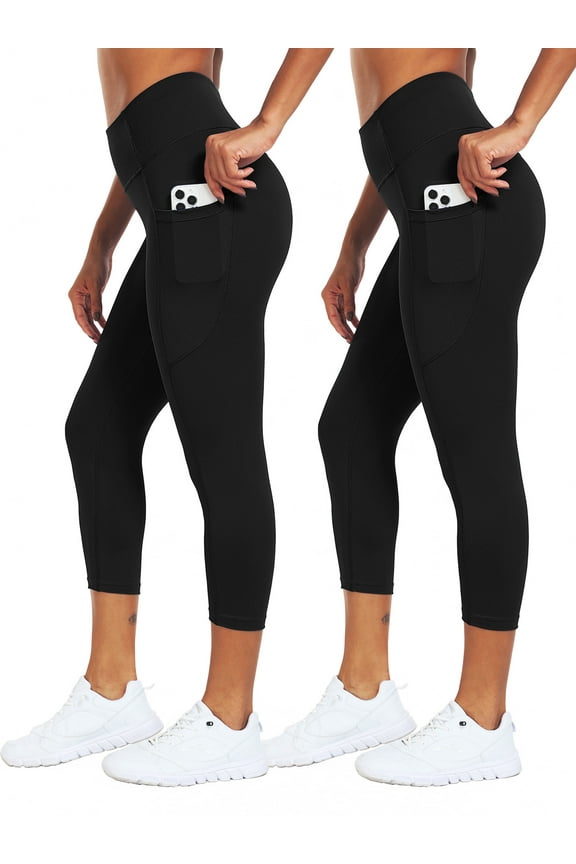 Womens High Waist Capri Yoga Leggings Cropped Pant for Workout with Two Pockets,Black+Black,US Size L