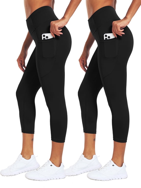 Womens High Waist Capri Yoga Leggings Cropped Pant for Workout with Two Pockets,Black+Black,US Size M