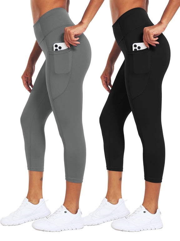 Womens Plus Size High Waist Capri Yoga Leggings Cropped Pant for Workout with Two Pockets,Black+Gray,US Size 3XL