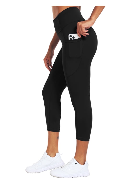 Womens Plus Size High Waist Capri Yoga Leggings Cropped Pant for Workout with Two Pockets,Black,US Size 2XL