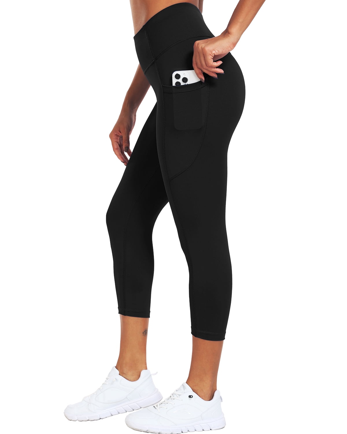 Womens High Waist Capri Yoga Leggings Cropped Pant for Workout with Two Pockets,Black,US Size L