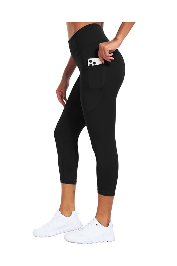Womens High Waist Capri Yoga Leggings Cropped Pant for Workout with Two Pockets,Black,US Size L