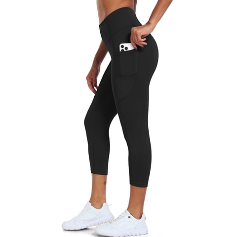 Womens High Waist Capri Yoga Leggings Cropped Pant for Workout with Two Pockets,Black,US Size L