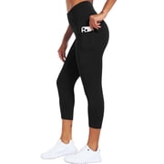 Womens High Waist Capri Yoga Leggings Cropped Pant for Workout with Two Pockets,Black,US Size XL