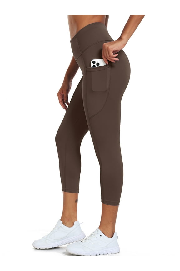 Womens High Waist Capri Yoga Leggings Cropped Pant for Workout with Two Pockets,Coffee Brown,US Size 2XL
