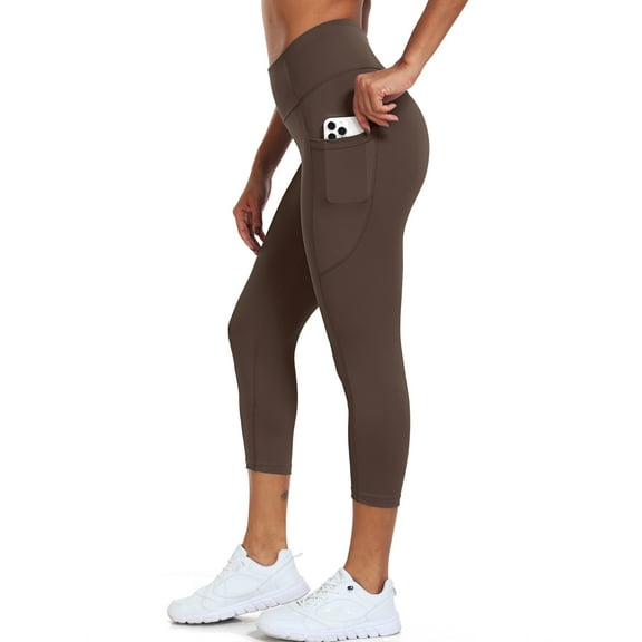 NELEUS Womens High Waist Capri Yoga Leggings Cropped Pant for Workout with Two Pockets,Coffee Brown,US Size M