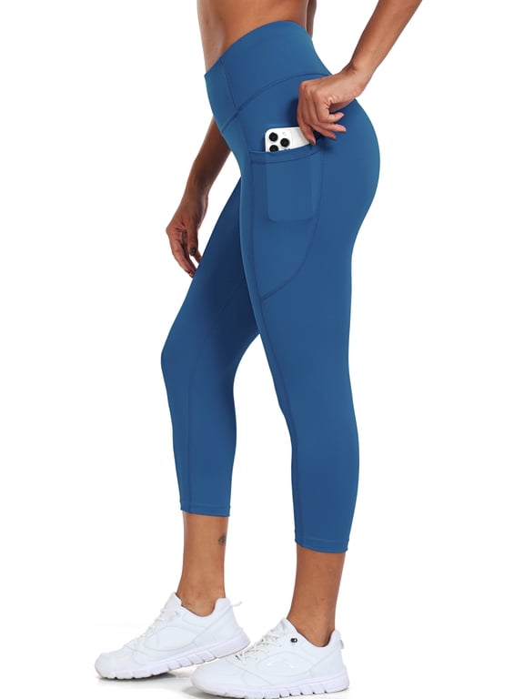 Womens Plus Size High Waist Capri Yoga Leggings Cropped Pant for Workout with Two Pockets,Dark Blue,US Size 2XL