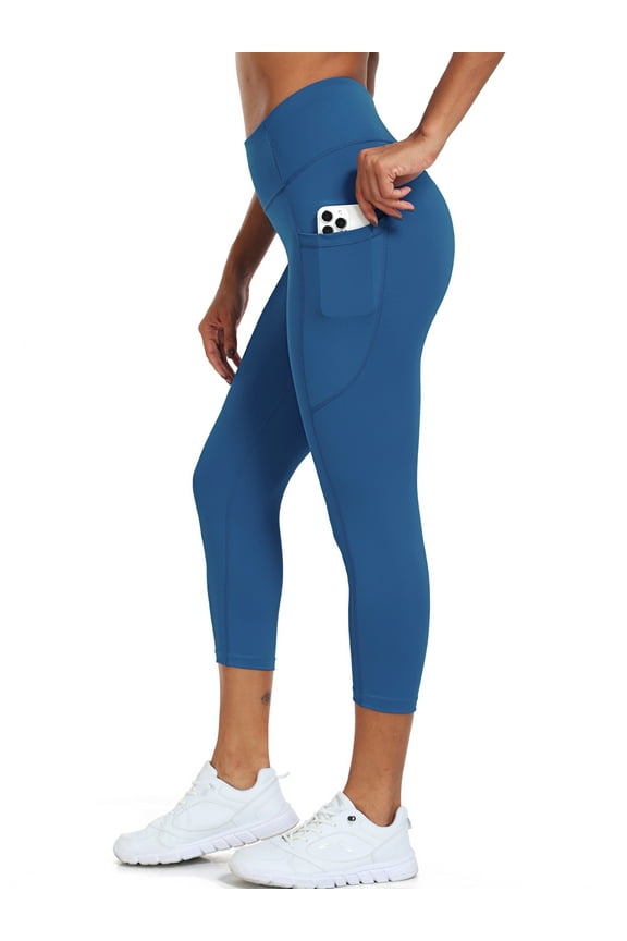 Womens High Waist Capri Yoga Leggings Cropped Pant for Workout with Two Pockets,Dark Blue,US Size S