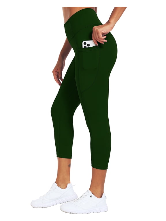 Womens Plus Size High Waist Capri Yoga Leggings Cropped Pant for Workout with Two Pockets,Dark Green,US Size 2XL