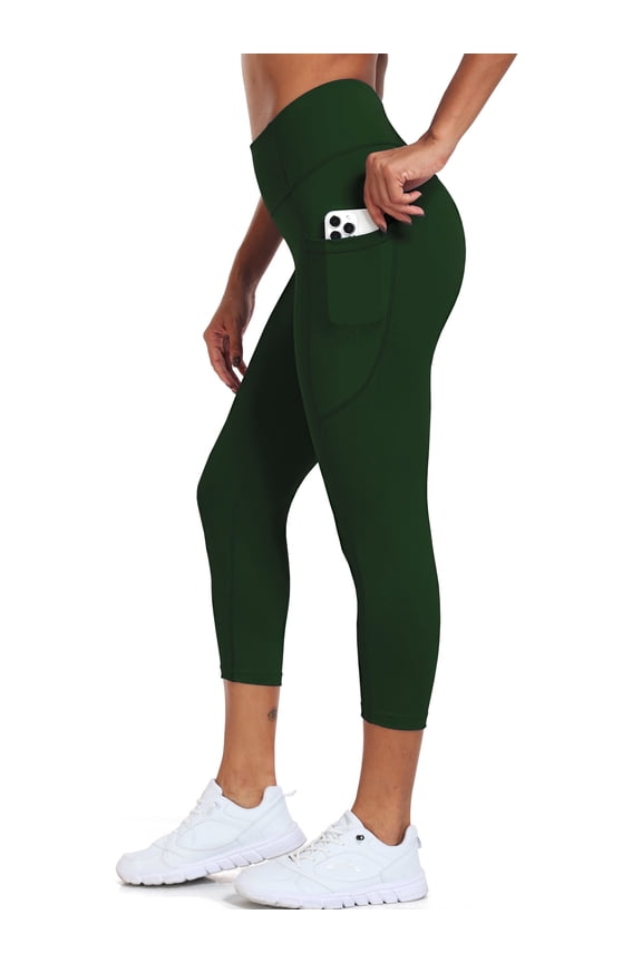 Womens Plus Size High Waist Capri Yoga Leggings Cropped Pant for Workout with Two Pockets,Dark Green,US Size 2XL