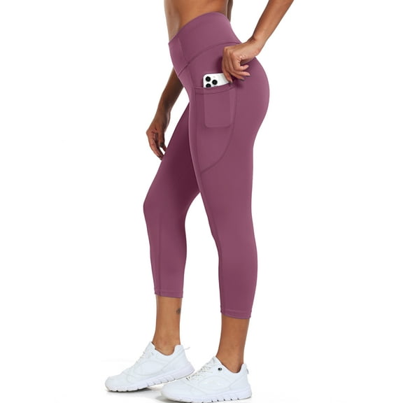 NELEUS Womens High Waist Capri Yoga Leggings Cropped Pant for Workout with Two Pockets,Lavender Pinkish Purple,US Size L
