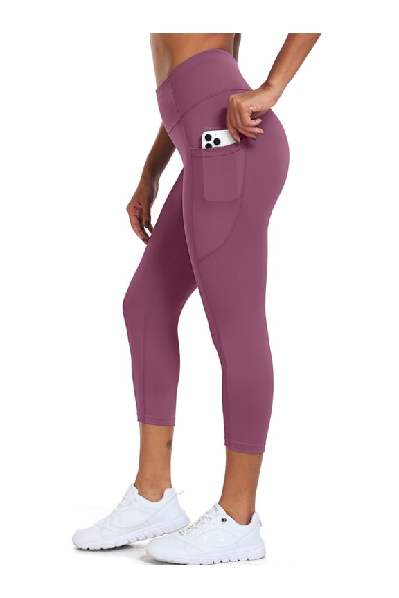 Womens High Waist Capri Yoga Leggings Cropped Pant for Workout with Two Pockets,Lavender Pinkish Purple,US Size XL