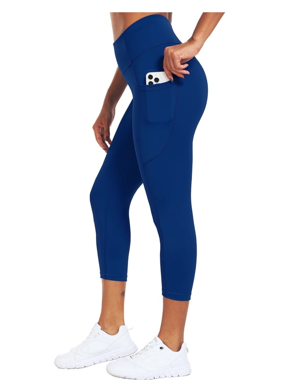Womens Plus Size High Waist Capri Yoga Leggings Cropped Pant for Workout with Two Pockets,Navy Blue,US Size 3XL
