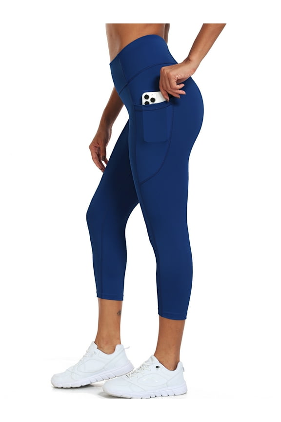 Womens High Waist Capri Yoga Leggings Cropped Pant for Workout with Two Pockets,Navy Blue,US Size L