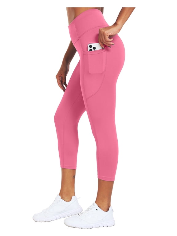 Womens Plus Size High Waist Capri Yoga Leggings Cropped Pant for Workout with Two Pockets,Pink,US Size 2XL