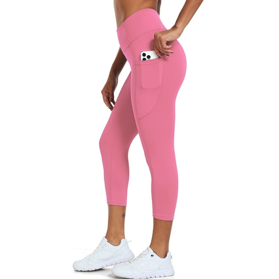 NELEUS Womens High Waist Capri Yoga Leggings Cropped Pant for Workout with Two Pockets,Pink,US Size 3XL