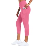 Womens High Waist Capri Yoga Leggings Cropped Pant for Workout with Two Pockets,Pink,US Size L