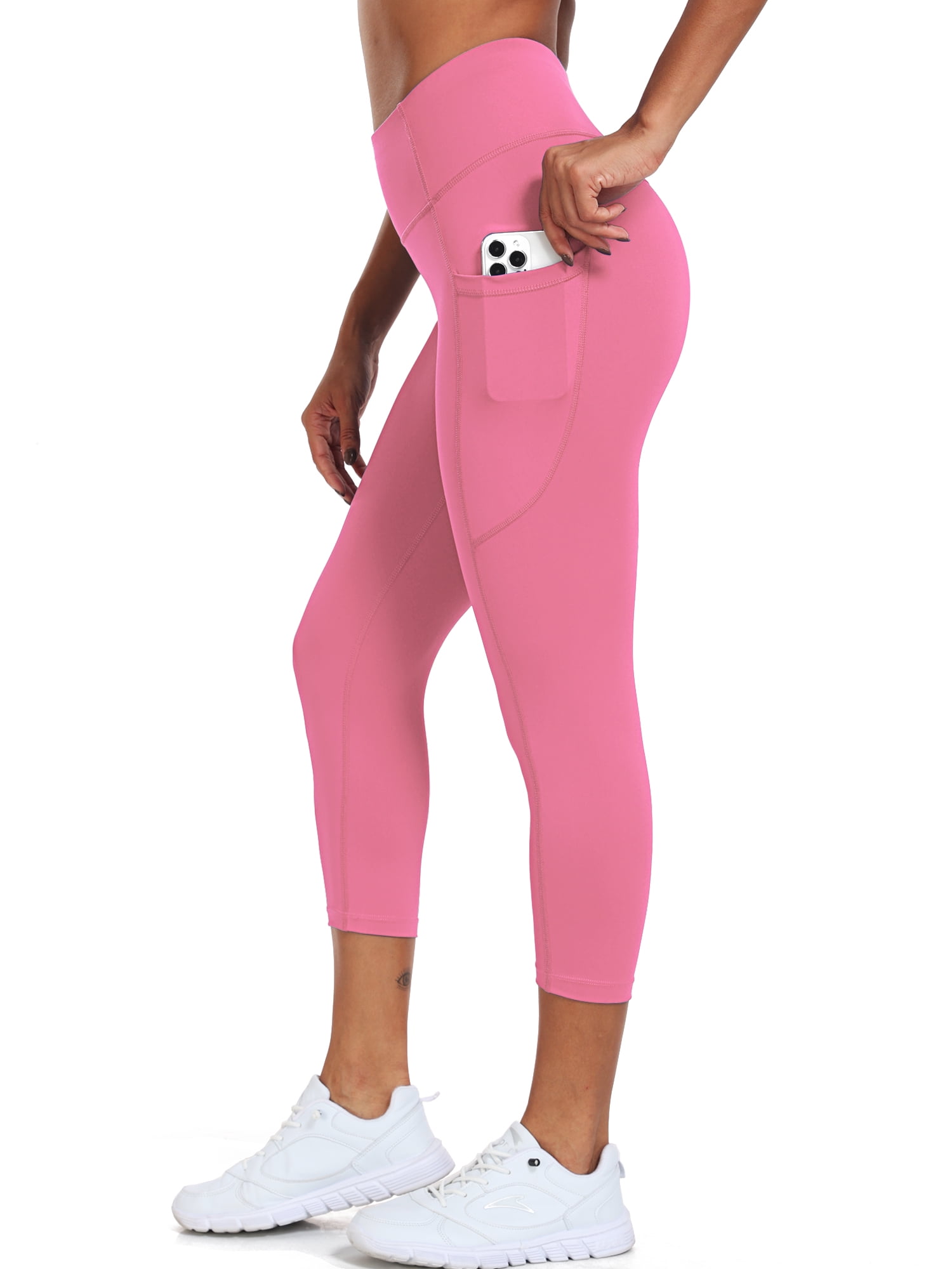 Womens High Waist Capri Yoga Leggings Cropped Pant for Workout with Two Pockets,Pink,US Size L