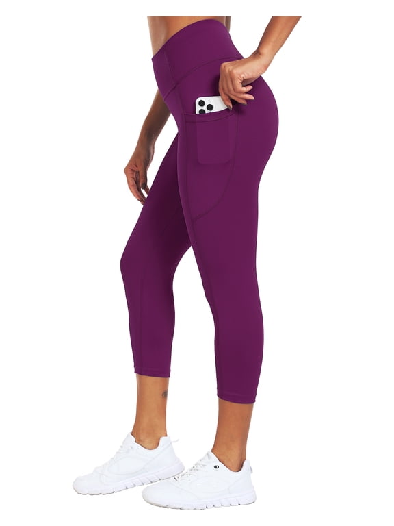 Womens Plus Size High Waist Capri Yoga Leggings Cropped Pant for Workout with Two Pockets,Purple,US Size 2XL