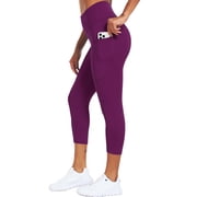 Womens High Waist Capri Yoga Leggings Cropped Pant for Workout with Two Pockets,Purple,US Size XL