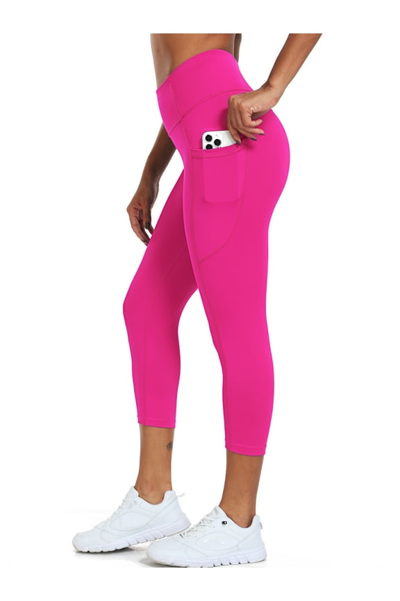 Womens High Waist Capri Yoga Leggings Cropped Pant for Workout with Two Pockets,Rose Red,US Size 2XL