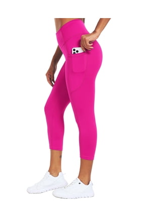 Womens High Waist Capri Yoga Leggings Cropped Pant for Workout with Two Pockets,Rose Red,US Size L
