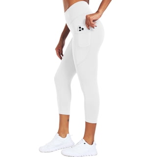 NELEUS Womens High Waist Capri Yoga Leggings Cropped Pant for Workout with Two Pockets,White,US Size L
