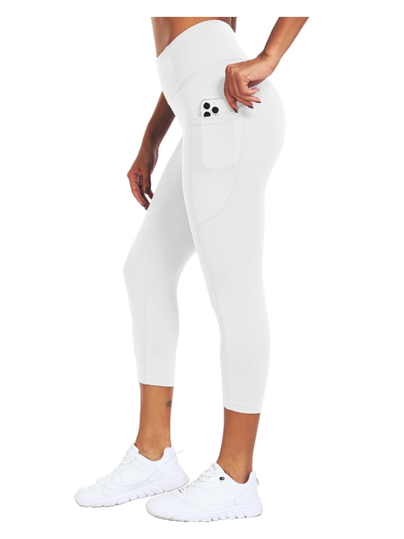 Womens High Waist Capri Yoga Leggings Cropped Pant for Workout with Two Pockets,White,US Size XL