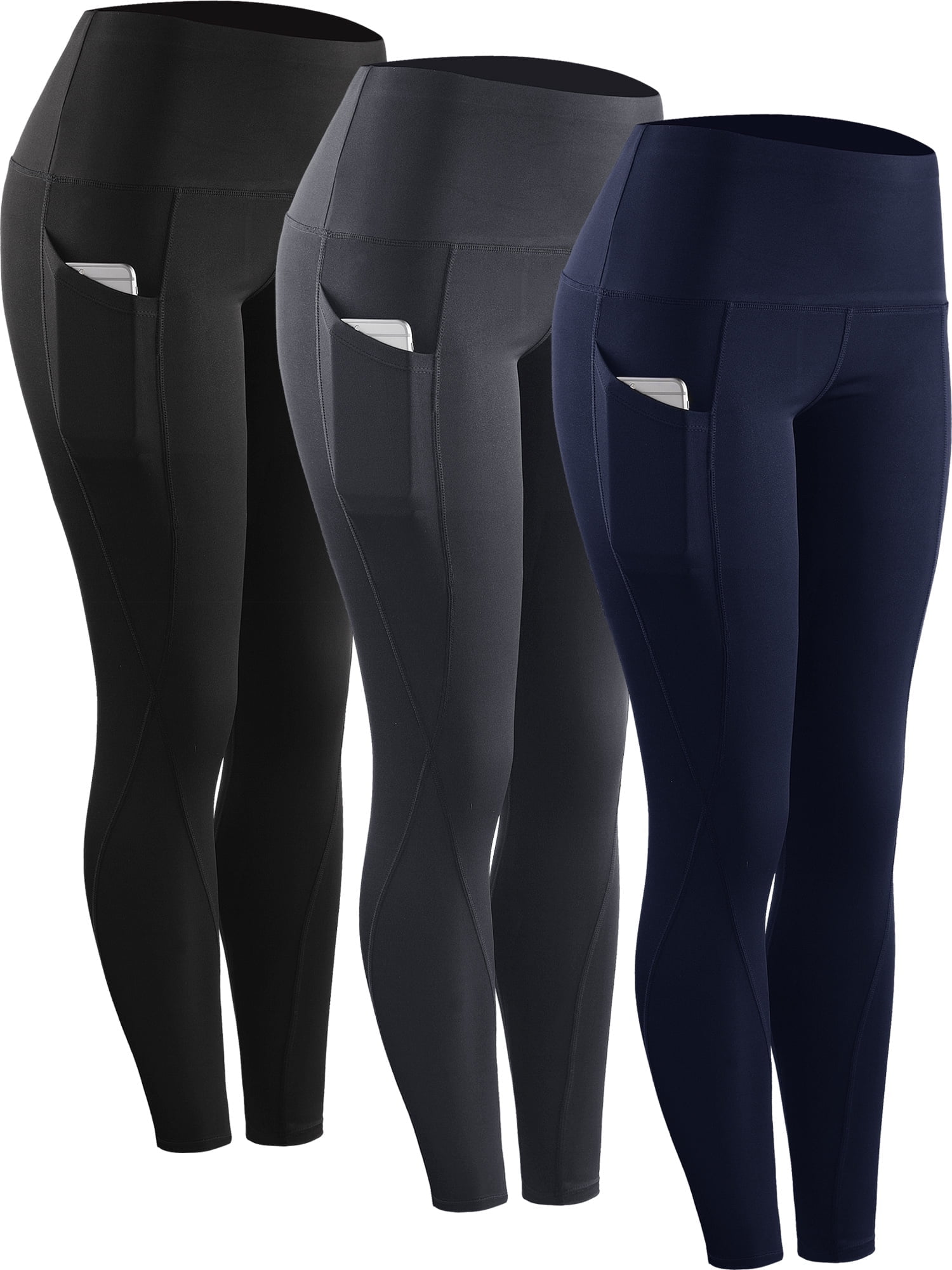 NELEUS Womens High Waist Running Workout Yoga Leggings with Side Pocket,Black+Gray+Navy Blue,US Size L