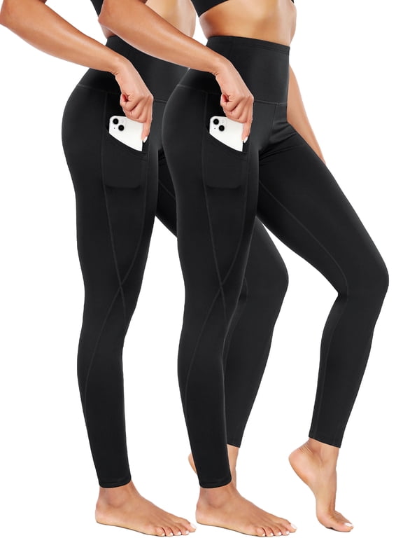 Womens Plus Size High Waist Running Workout Yoga Leggings with Pockets,Black+Black,US Size 2XL