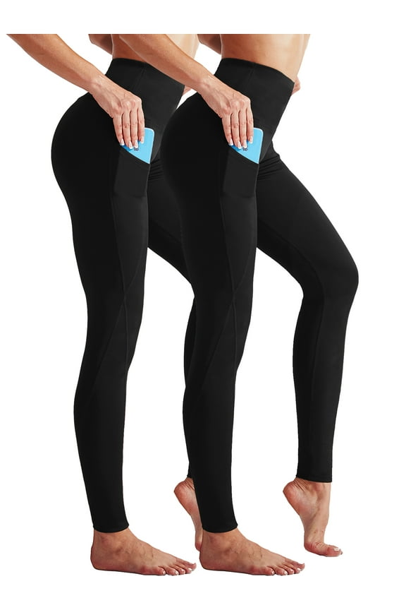 Womens High Waist Running Workout Yoga Leggings with Side Pocket,Black+Black,US Size 2XL