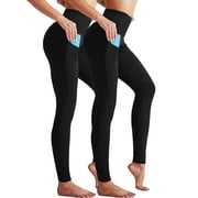 Womens High Waist Running Workout Yoga Leggings with Side Pocket,Black+Black,US Size M