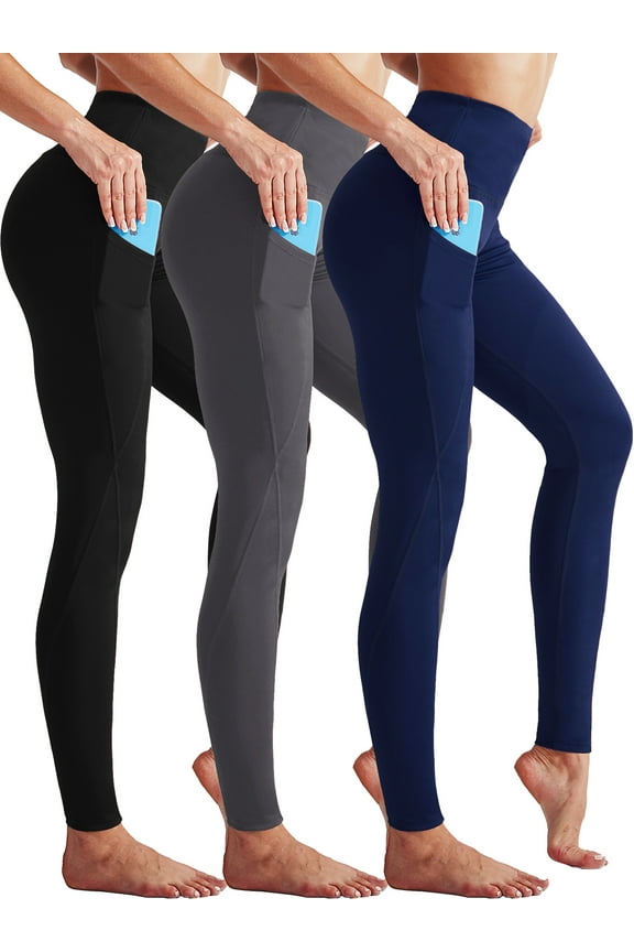 Womens High Waist Running Workout Yoga Leggings with Side Pocket,Black+Gray+Navy Blue,US Size L