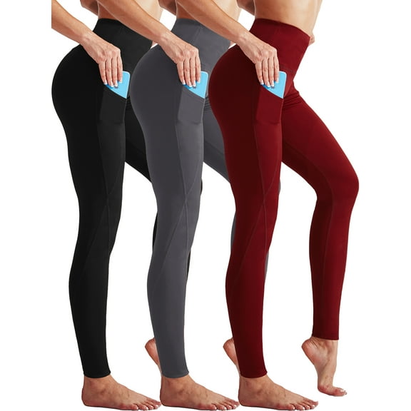 NELEUS Womens High Waist Running Workout Yoga Leggings with Side Pocket,Black Gray Red,US Size L