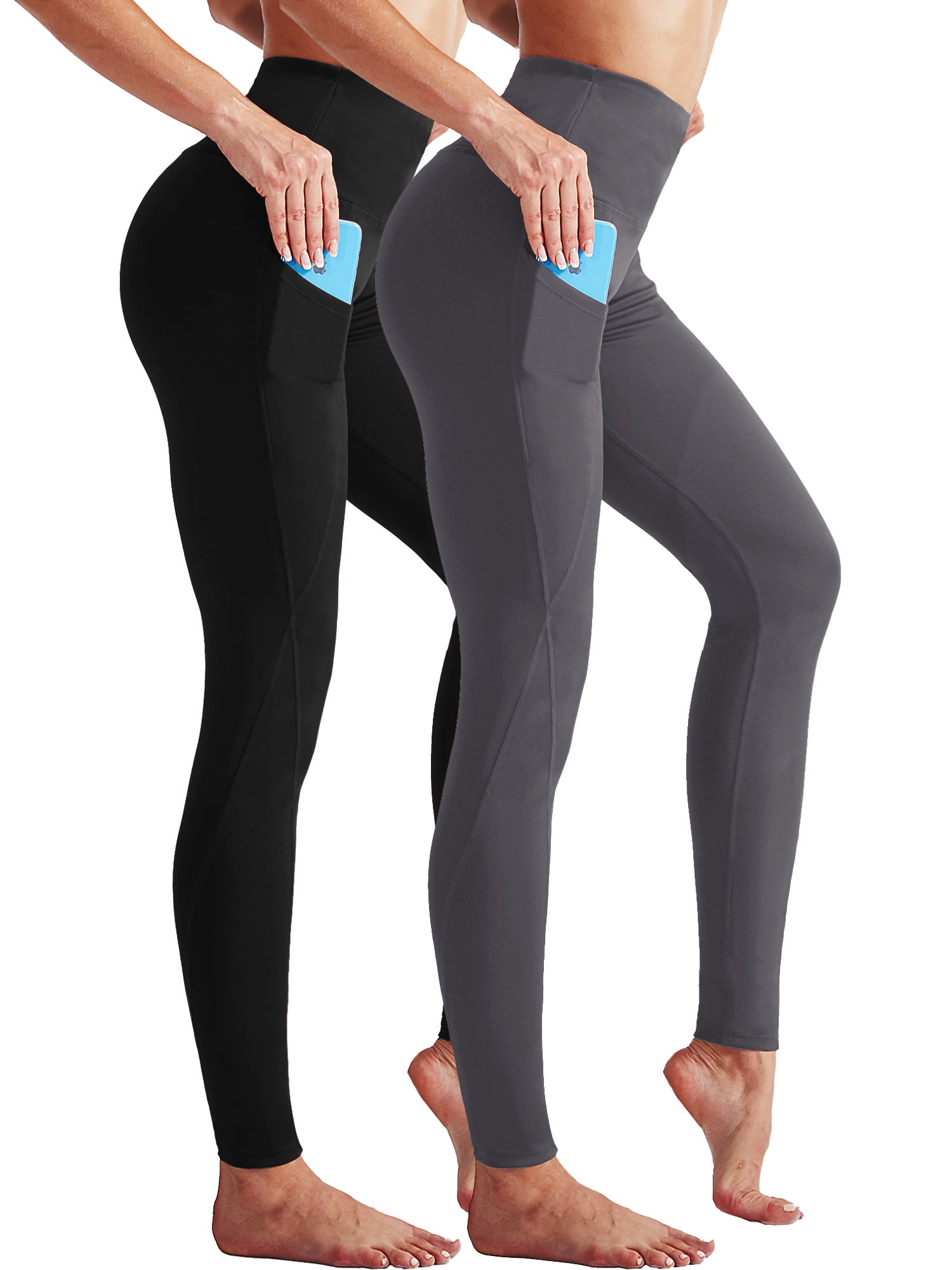 Womens High Waist Running Workout Yoga Leggings with Side Pocket,Black+Gray,US Size M