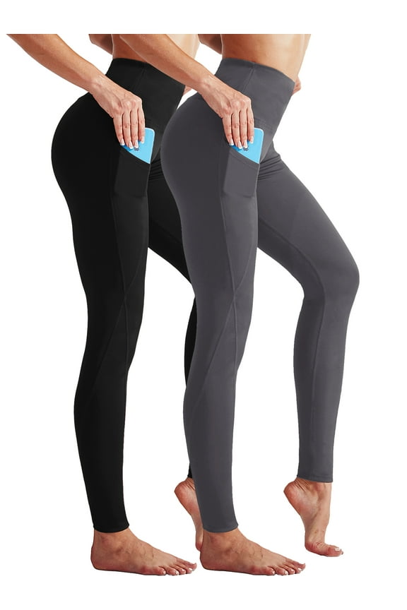Womens High Waist Running Workout Yoga Leggings with Side Pocket,Black+Gray,US Size M